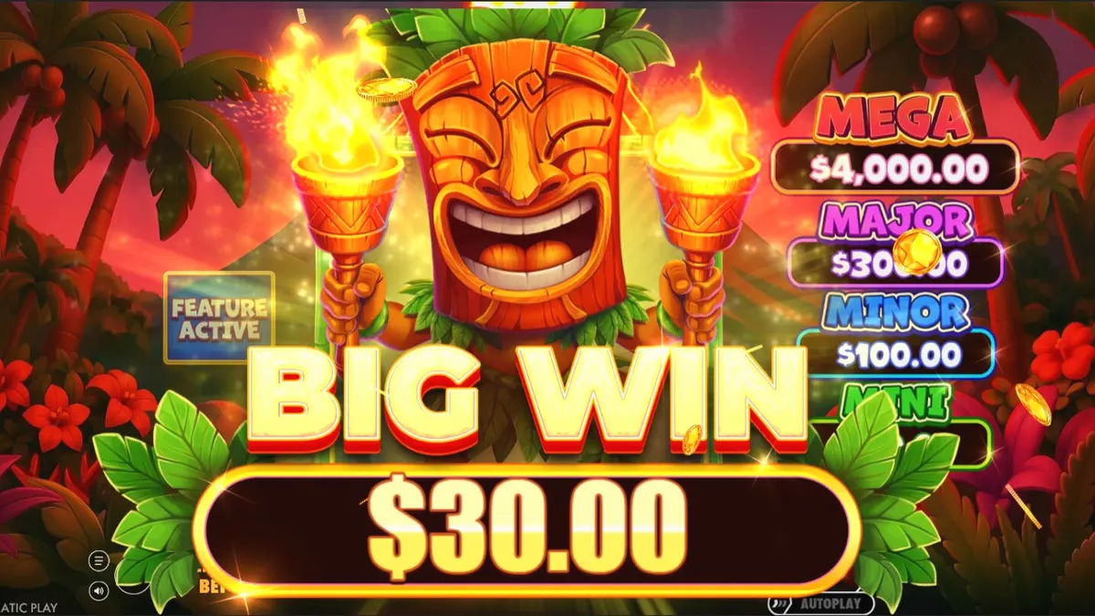 Interface vibrante do slot Super Tiki Strike com tema tropical