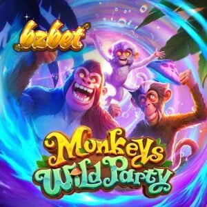 Captura de tela do jogo Monkeys Wild Party, mostrando a grade 5x5 com símbolos de macacos e cogumelos selvagens em uma selva vibrante.